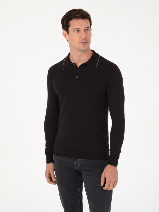 Siyah Slim Fit Pamuk Karışımlı Polo Yaka Triko Kazak