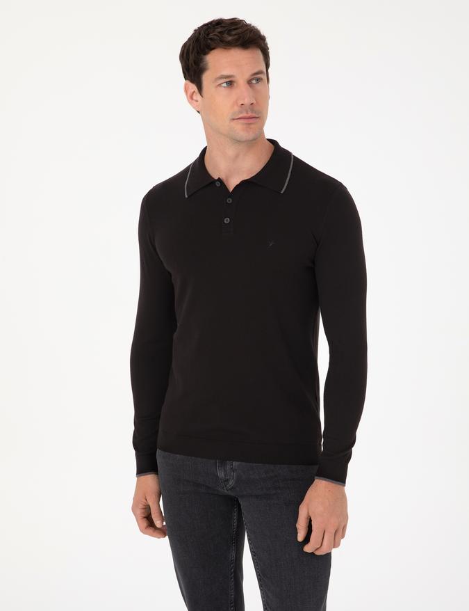 Siyah Slim Fit Pamuk Karışımlı Polo Yaka Triko Kazak