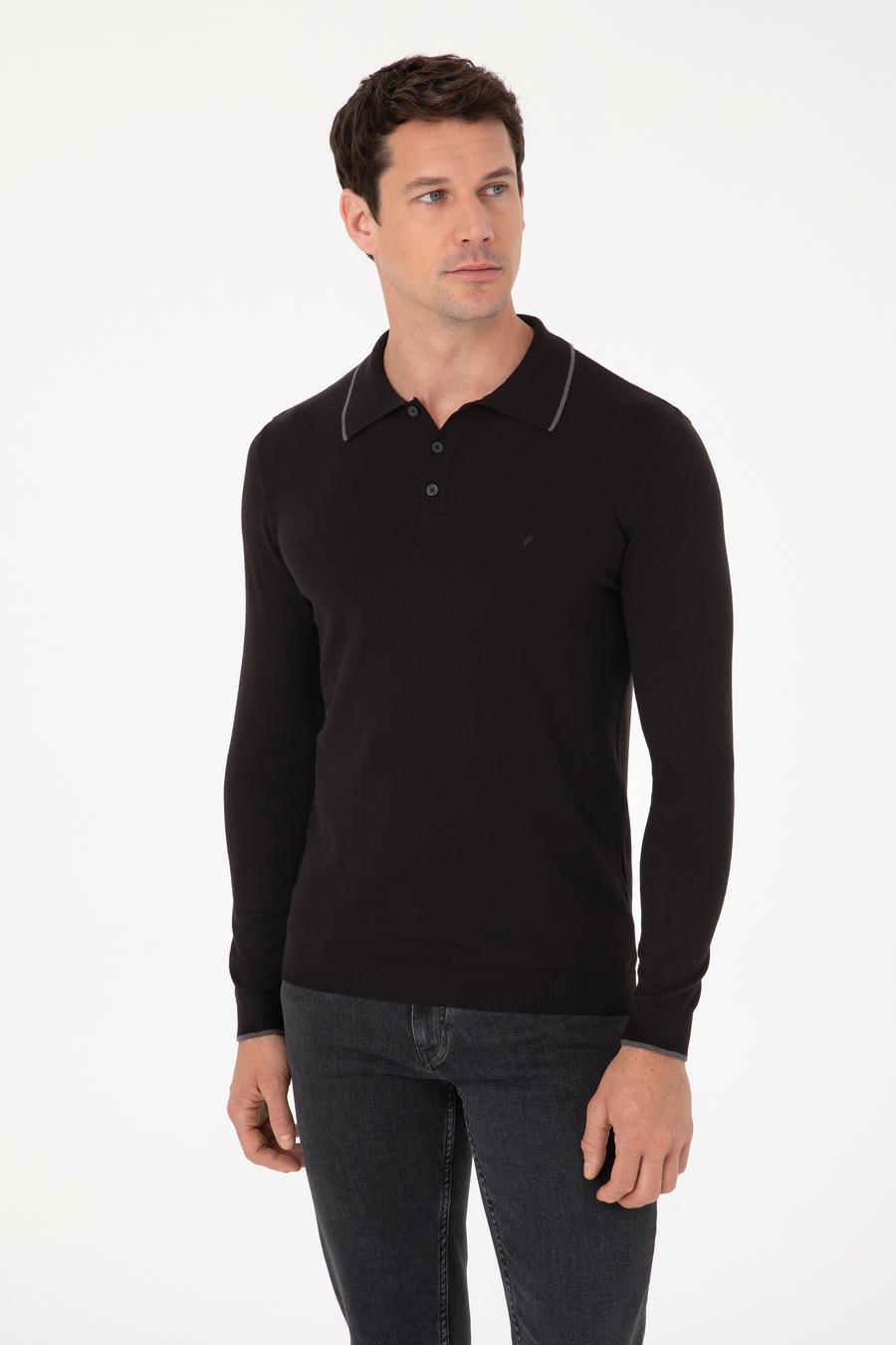 Siyah Slim Fit Pamuk Karışımlı Polo Yaka Triko Kazak - 50318712002