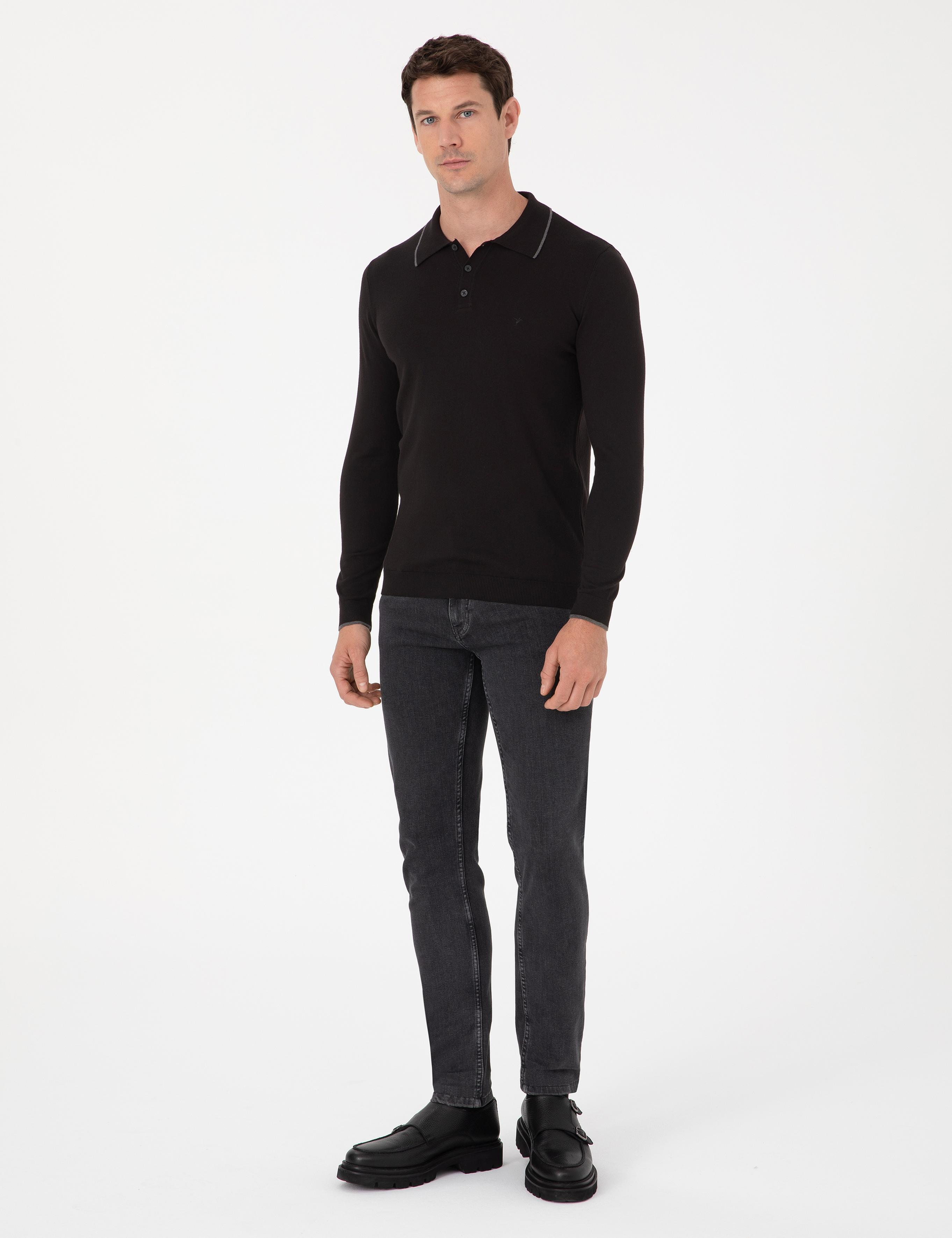 Siyah Slim Fit Pamuk Karışımlı Polo Yaka Triko Kazak - 50318712002