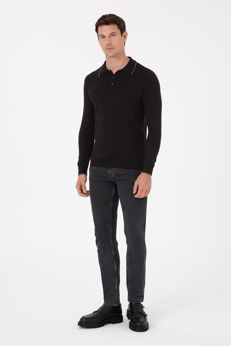 Siyah Slim Fit Pamuk Karışımlı Polo Yaka Triko Kazak - 50318712002