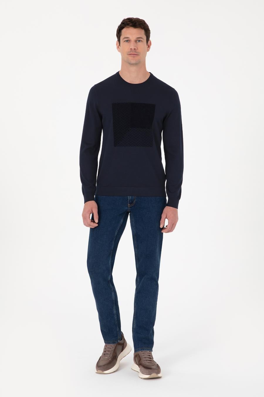 Lacivert Slim Fit Yün Karışımlı Bisiklet Yaka Triko Kazak - 50311853027