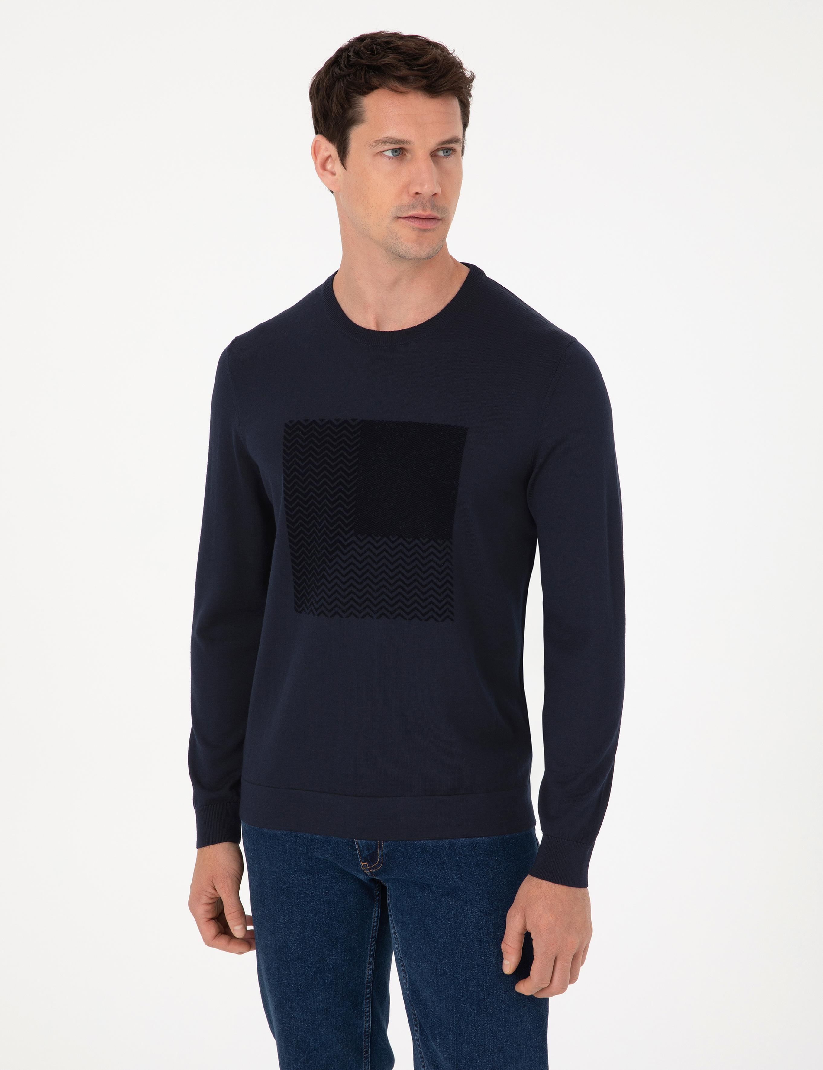 Lacivert Slim Fit Yün Karışımlı Bisiklet Yaka Triko Kazak - 50311853027