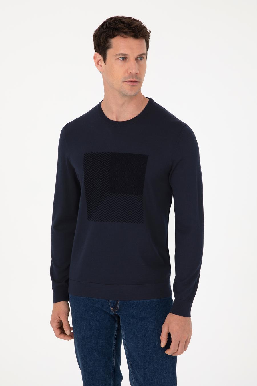 Lacivert Slim Fit Yün Karışımlı Bisiklet Yaka Triko Kazak - 50311853027