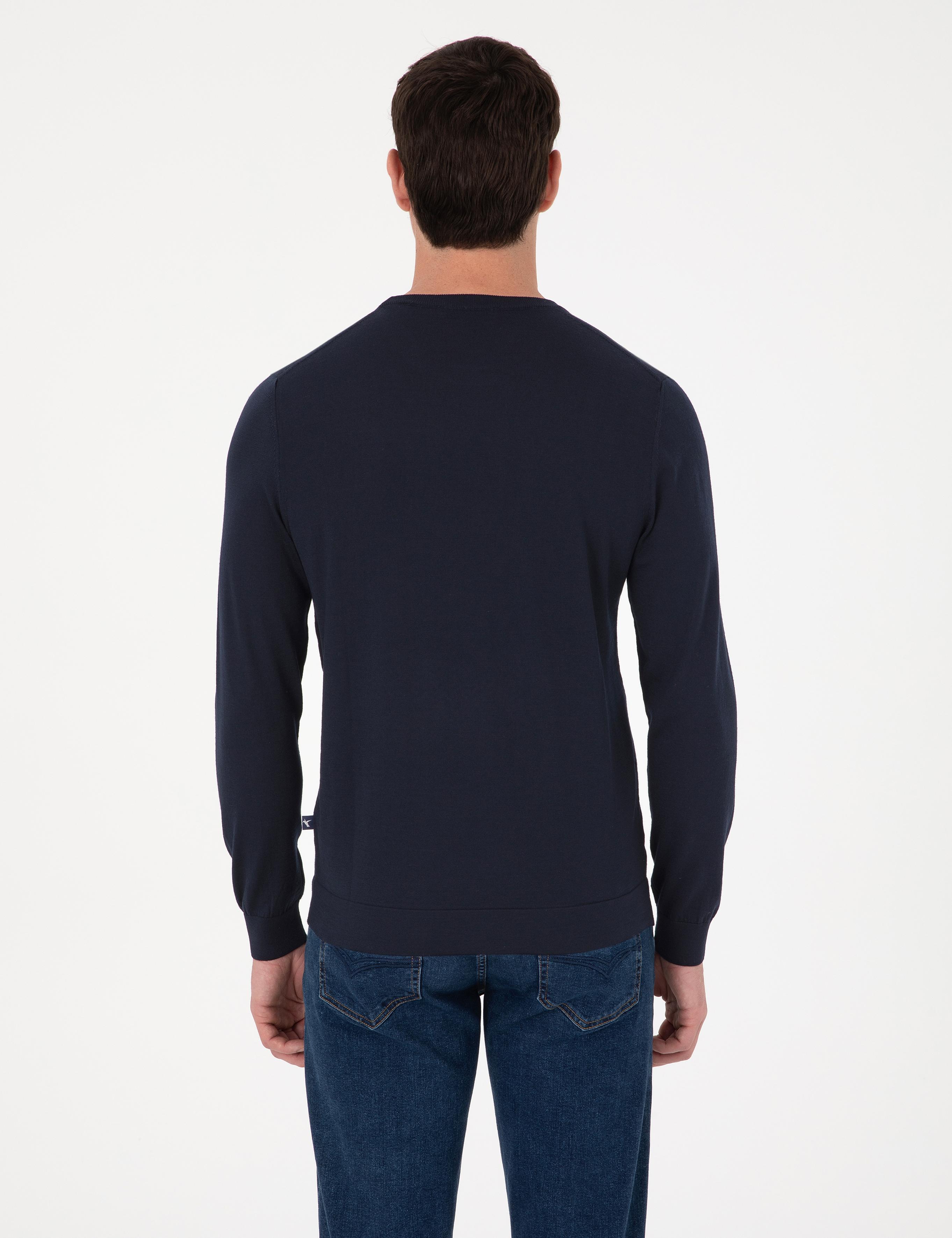 Lacivert Slim Fit Yün Karışımlı Bisiklet Yaka Triko Kazak - 50311853027