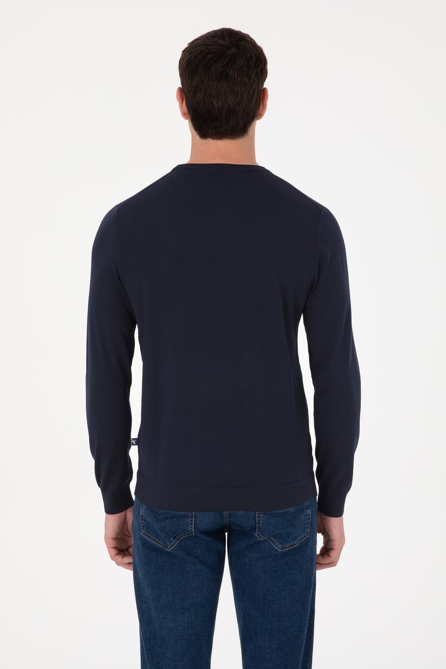Lacivert Slim Fit Yün Karışımlı Bisiklet Yaka Triko Kazak - 50311853027