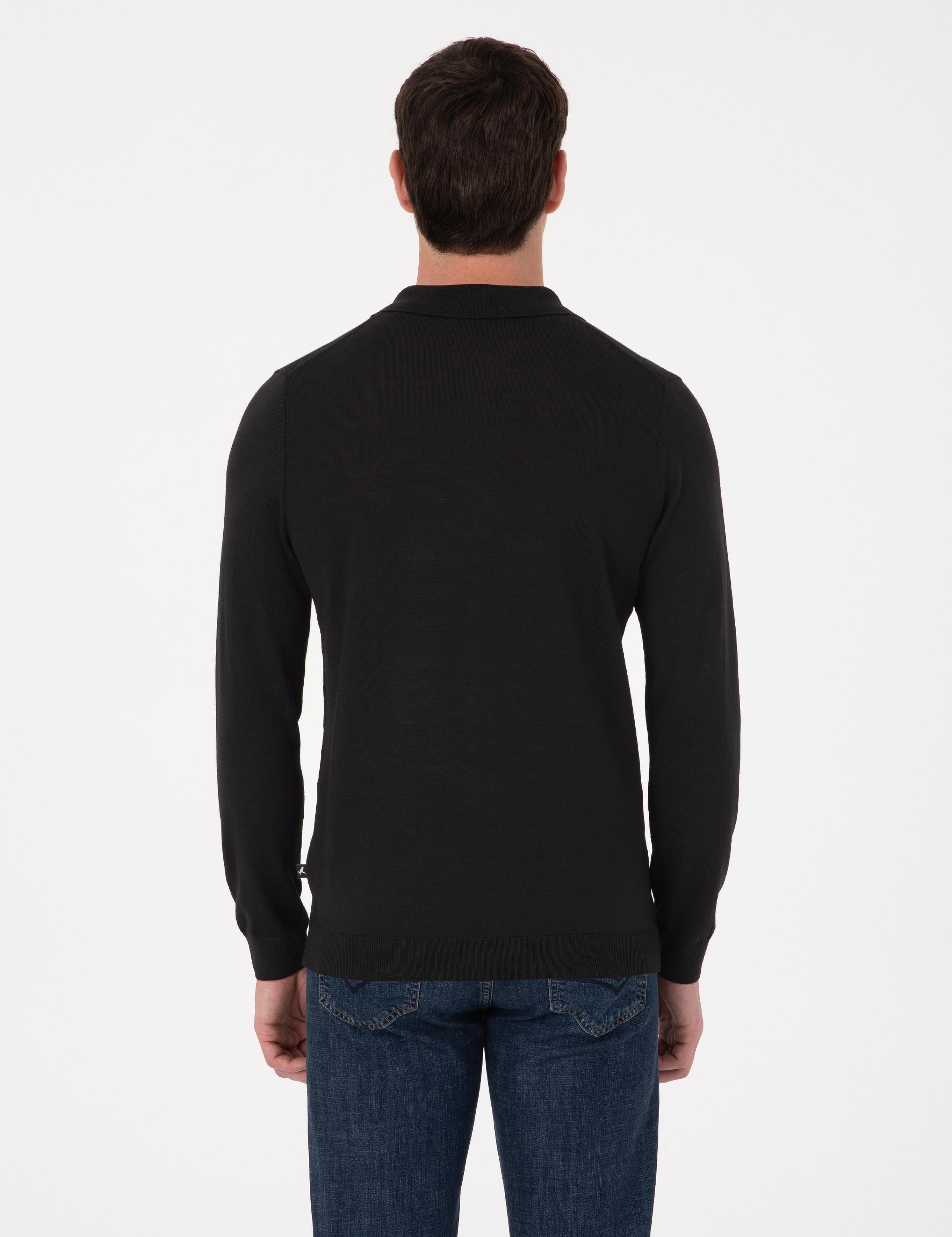 Siyah Regular Fit Yün Karışımlı Fermuarlı Polo Yaka Triko Kazak - 50311911032
