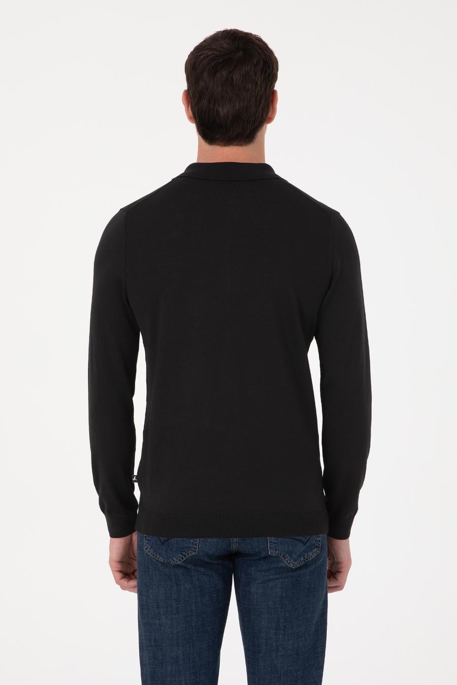 Siyah Regular Fit Yün Karışımlı Fermuarlı Polo Yaka Triko Kazak - 50311911032