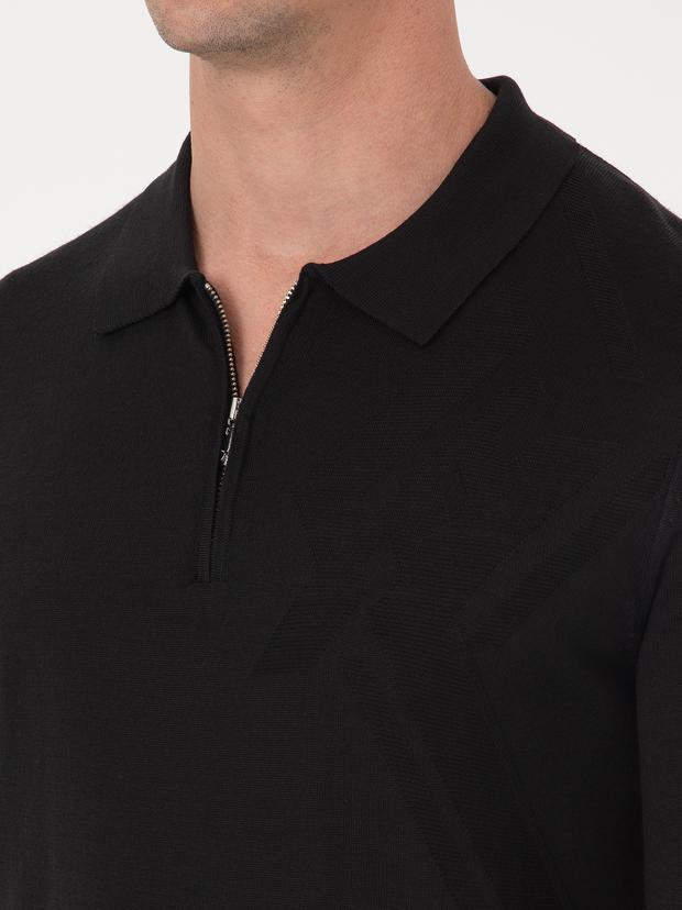 Siyah Regular Fit Yün Karışımlı Fermuarlı Polo Yaka Triko Kazak