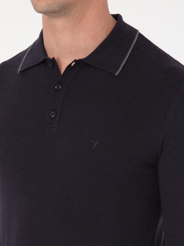 Lacivert Slim Fit Pamuk Karışımlı Polo Yaka Triko Kazak