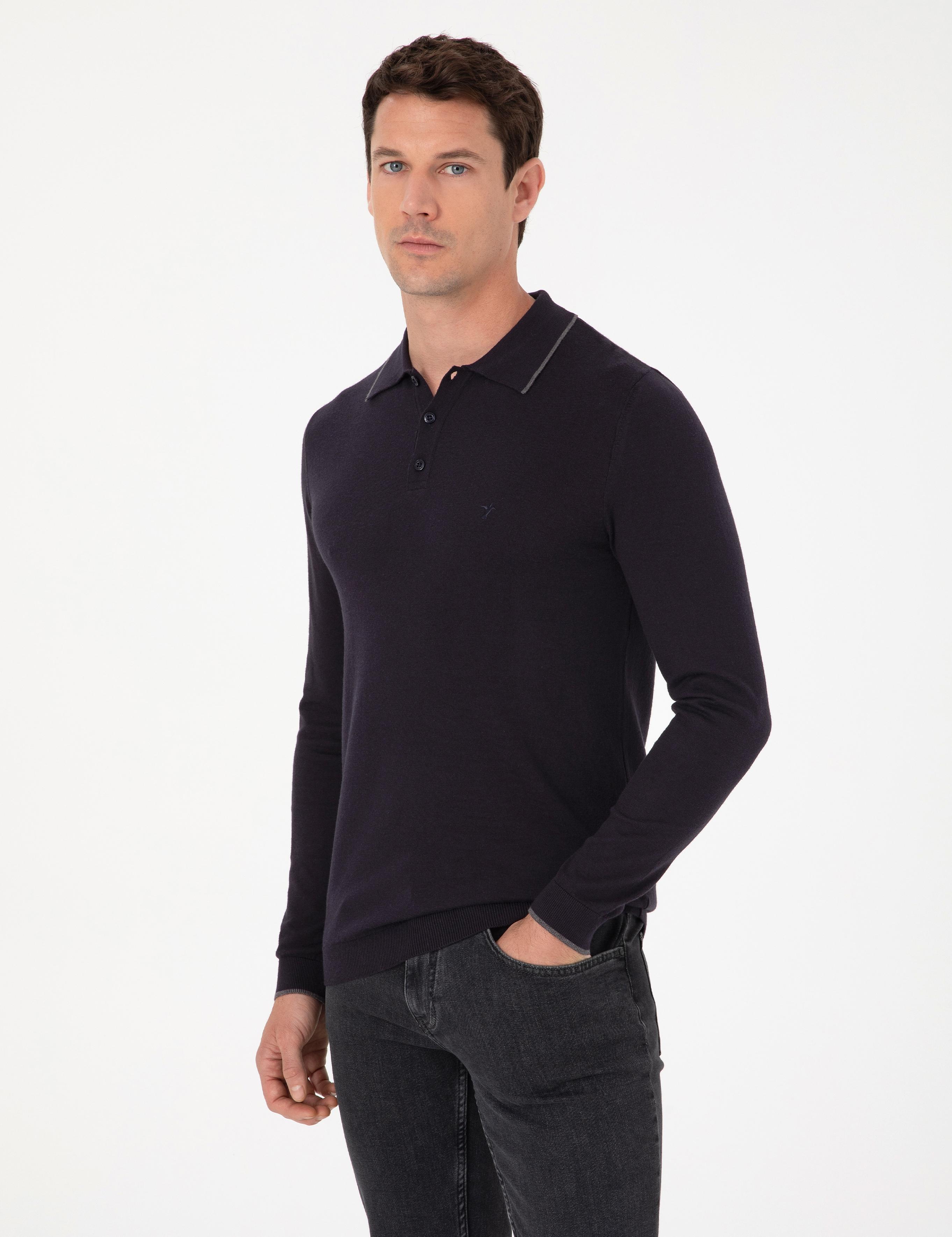 Lacivert Slim Fit Pamuk Karışımlı Polo Yaka Triko Kazak - 50318712011