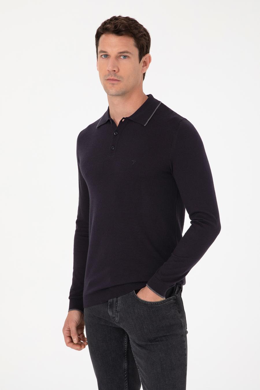 Lacivert Slim Fit Pamuk Karışımlı Polo Yaka Triko Kazak - 50318712011