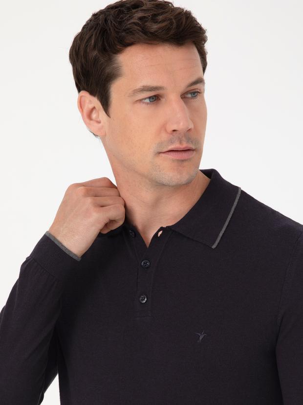 Lacivert Slim Fit Pamuk Karışımlı Polo Yaka Triko Kazak