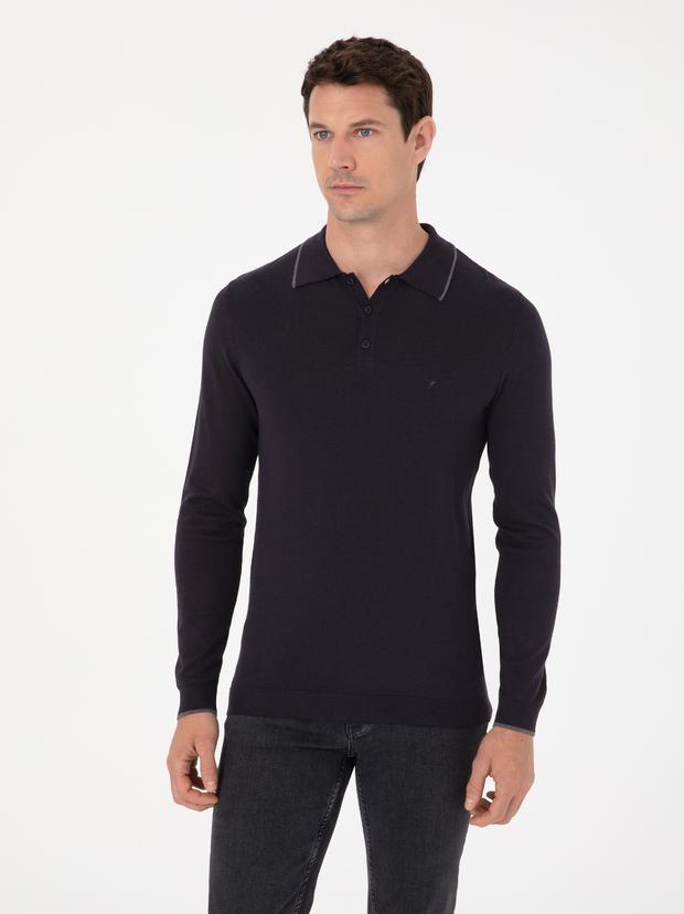 Lacivert Slim Fit Pamuk Karışımlı Polo Yaka Triko Kazak