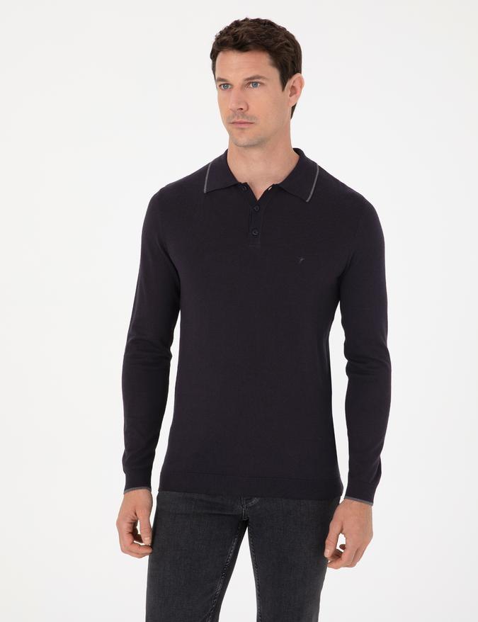 Lacivert Slim Fit Pamuk Karışımlı Polo Yaka Triko Kazak