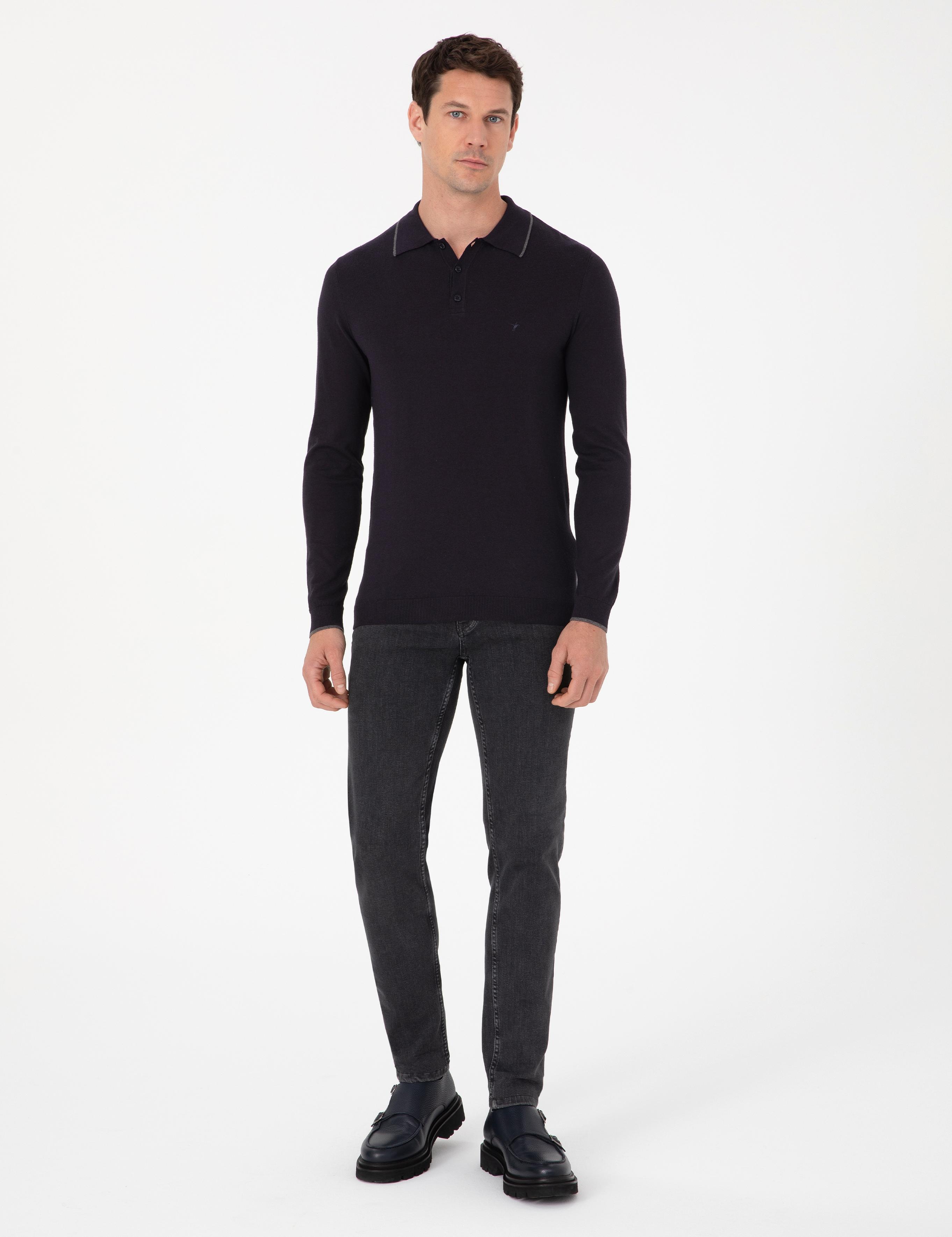 Lacivert Slim Fit Pamuk Karışımlı Polo Yaka Triko Kazak - 50318712011