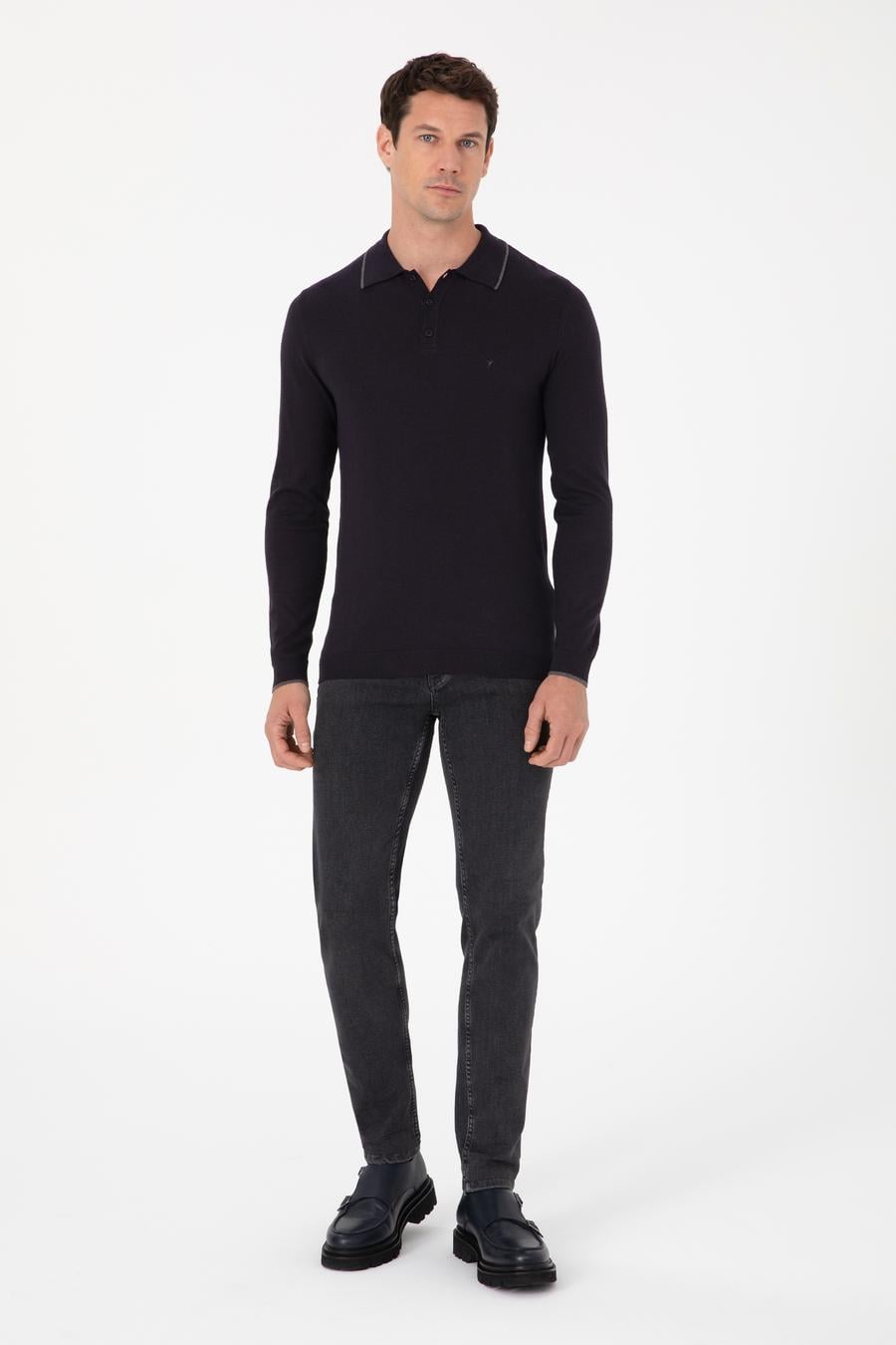 Lacivert Slim Fit Pamuk Karışımlı Polo Yaka Triko Kazak - 50318712011
