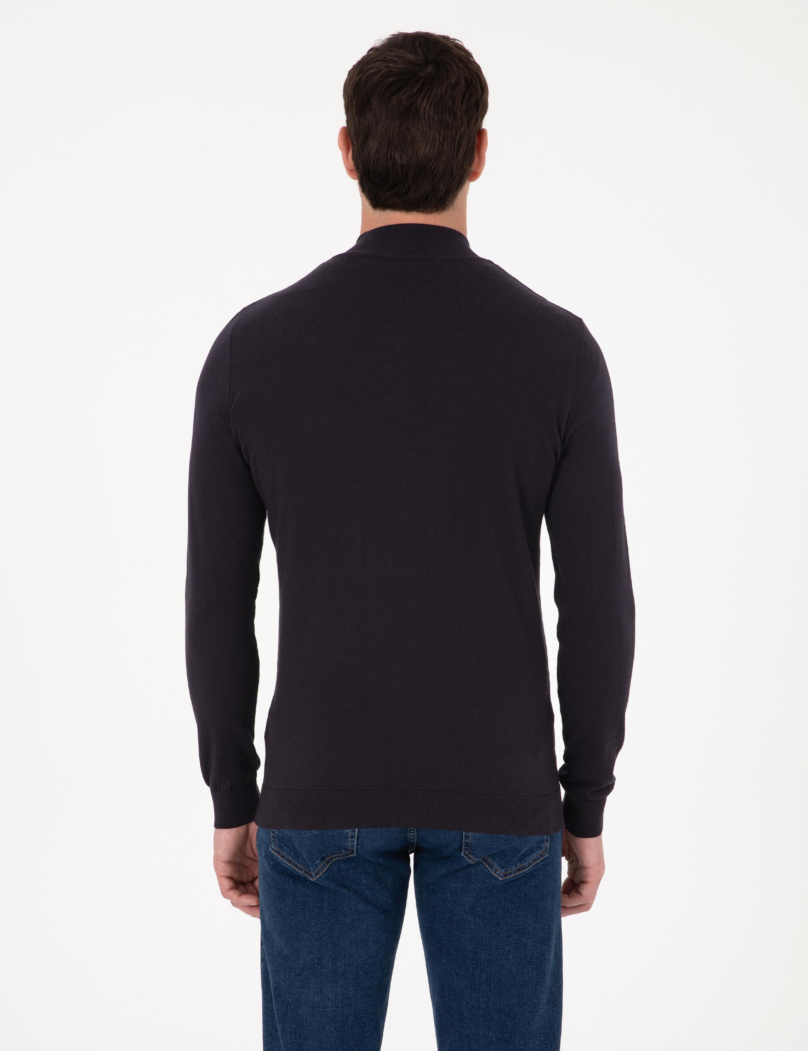 Lacivert Slim Fit Pamuk Karışımlı Yarım Fermuarlı Dik Yaka Triko Kazak - 50318981009