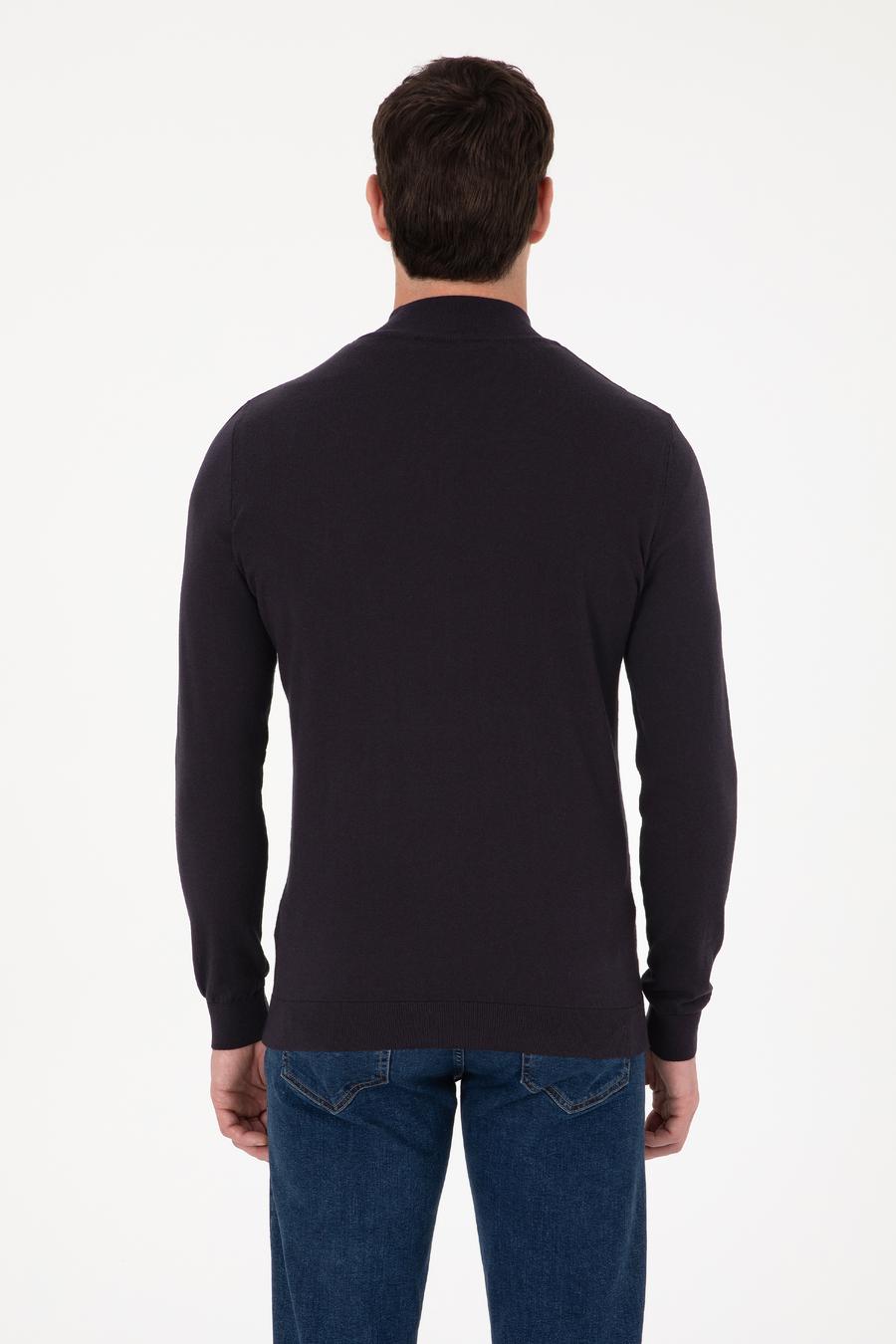 Lacivert Slim Fit Pamuk Karışımlı Yarım Fermuarlı Dik Yaka Triko Kazak - 50318981009