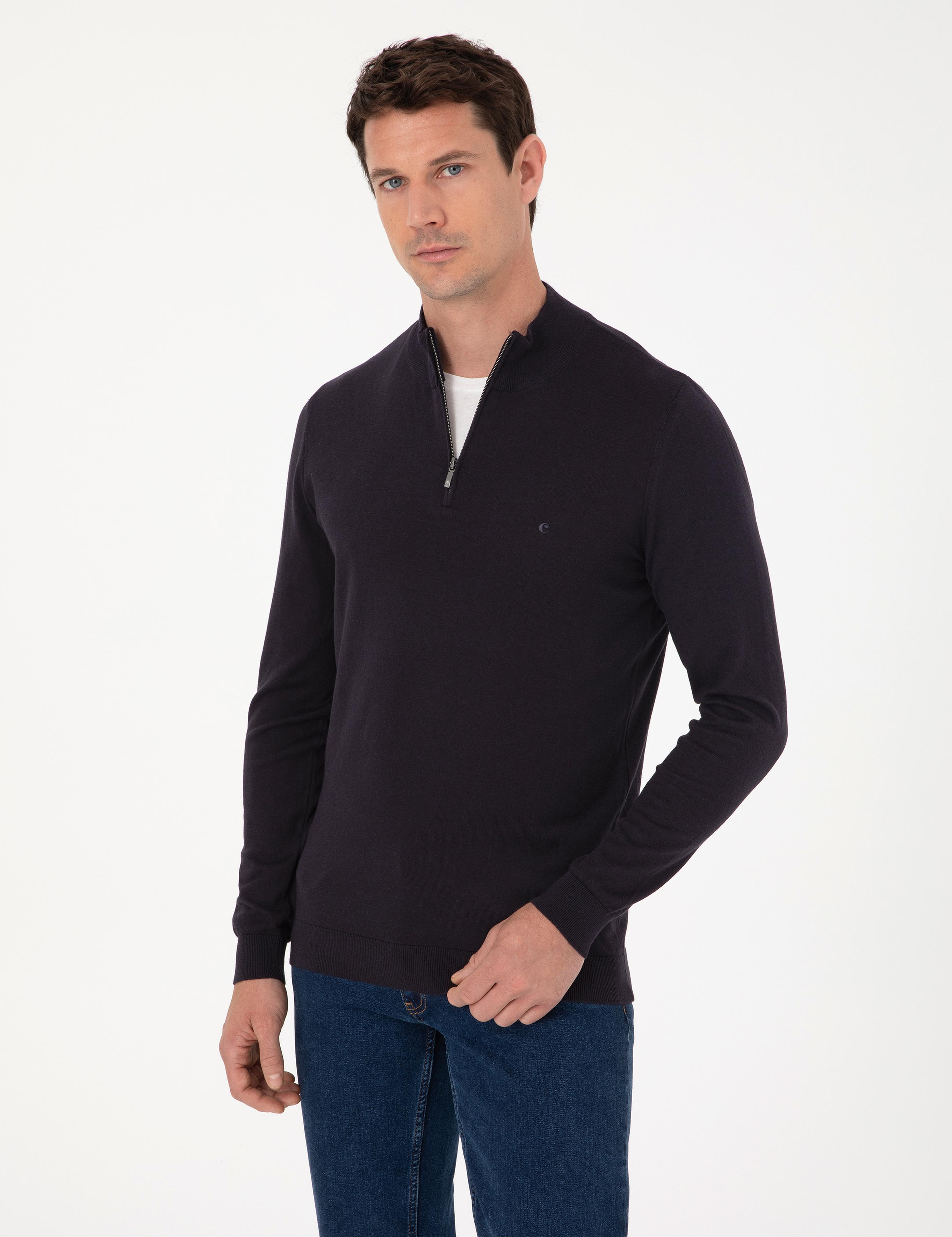 Lacivert Slim Fit Pamuk Karışımlı Yarım Fermuarlı Dik Yaka Triko Kazak - 50318981009