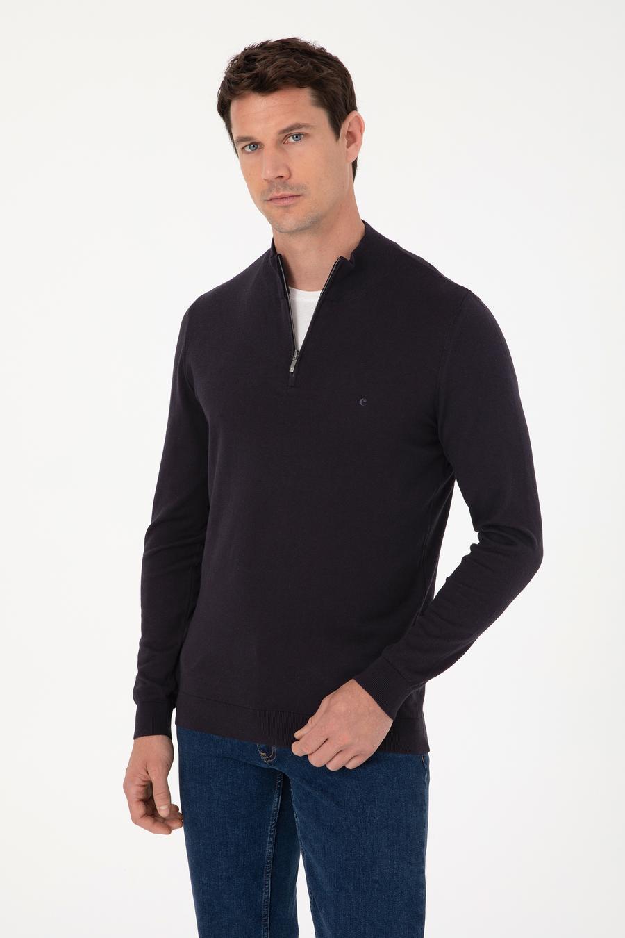 Lacivert Slim Fit Pamuk Karışımlı Yarım Fermuarlı Dik Yaka Triko Kazak - 50318981009