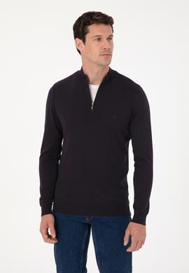 Lacivert Slim Fit Pamuk Karışımlı Yarım Fermuarlı Dik Yaka Triko Kazak