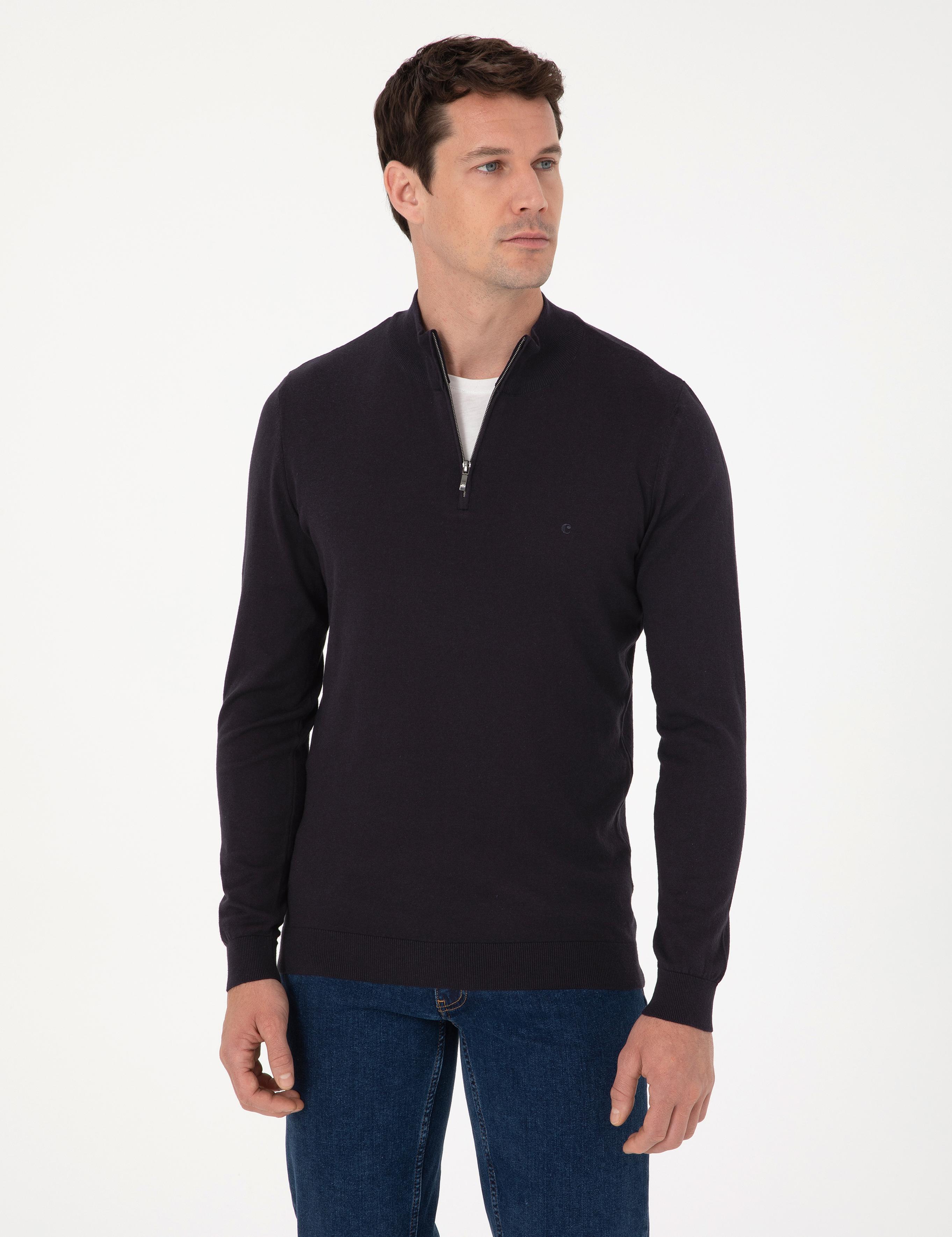 Lacivert Slim Fit Pamuk Karışımlı Yarım Fermuarlı Dik Yaka Triko Kazak - 50318981009