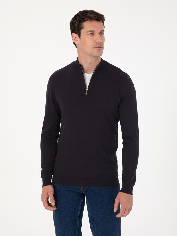 Lacivert Slim Fit Pamuk Karışımlı Yarım Fermuarlı Dik Yaka Triko Kazak