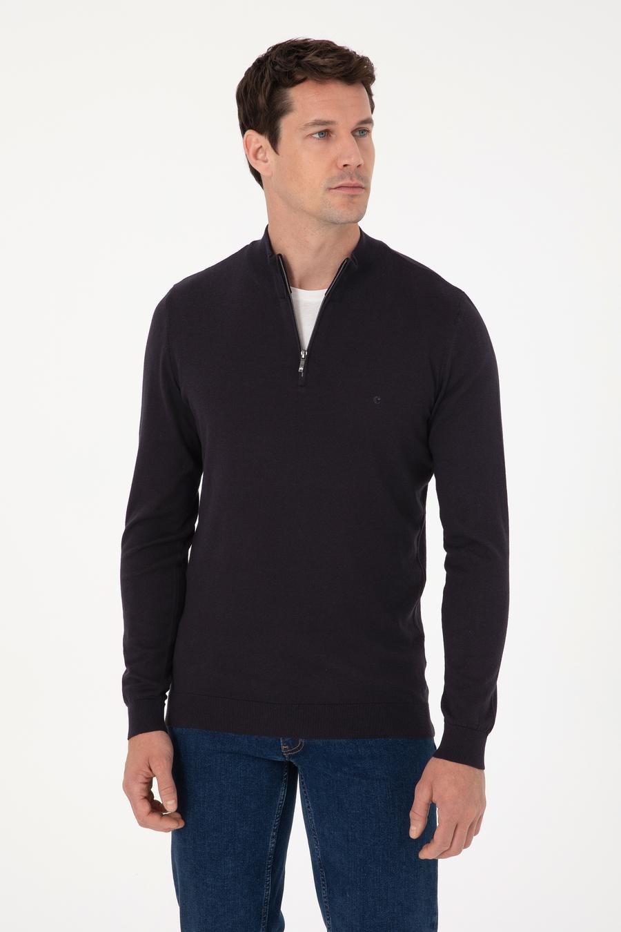 Lacivert Slim Fit Pamuk Karışımlı Yarım Fermuarlı Dik Yaka Triko Kazak - 50318981009