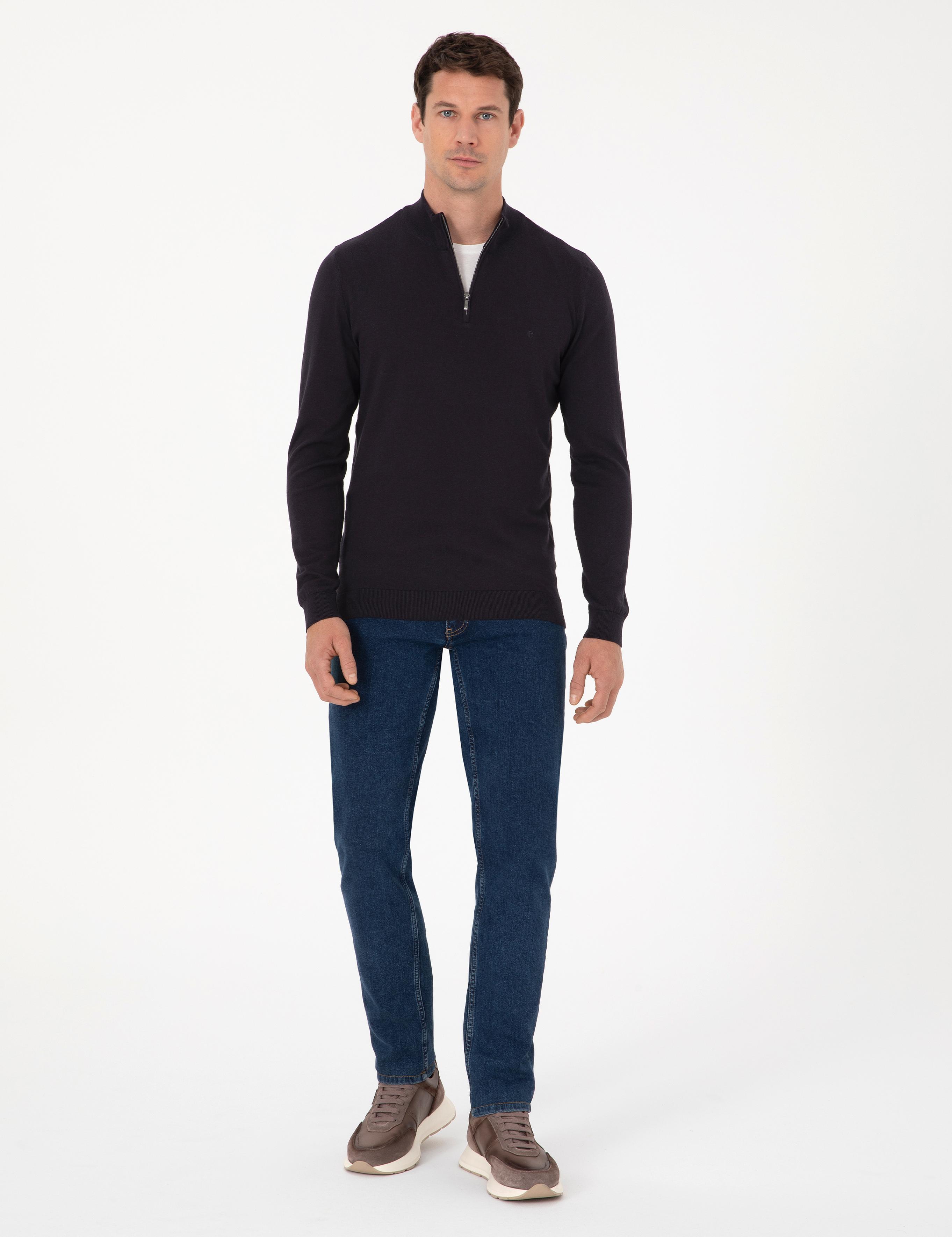 Lacivert Slim Fit Pamuk Karışımlı Yarım Fermuarlı Dik Yaka Triko Kazak - 50318981009