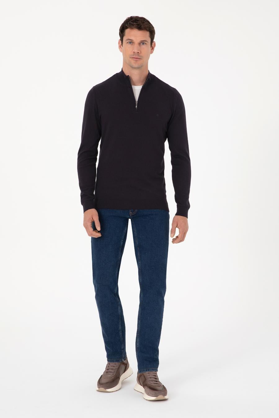 Lacivert Slim Fit Pamuk Karışımlı Yarım Fermuarlı Dik Yaka Triko Kazak - 50318981009