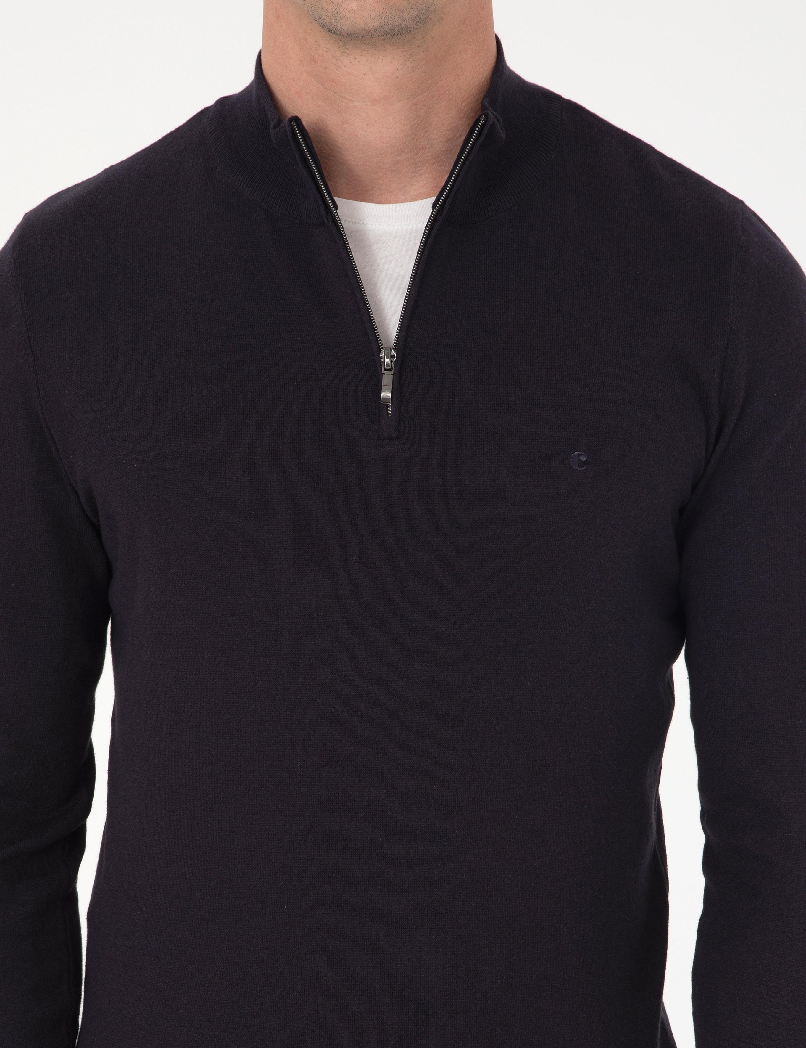 Lacivert Slim Fit Pamuk Karışımlı Yarım Fermuarlı Dik Yaka Triko Kazak - 50318981009