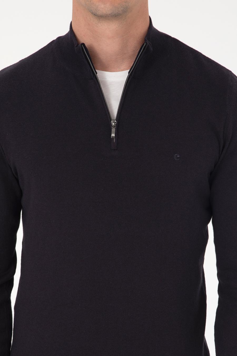 Lacivert Slim Fit Pamuk Karışımlı Yarım Fermuarlı Dik Yaka Triko Kazak - 50318981009