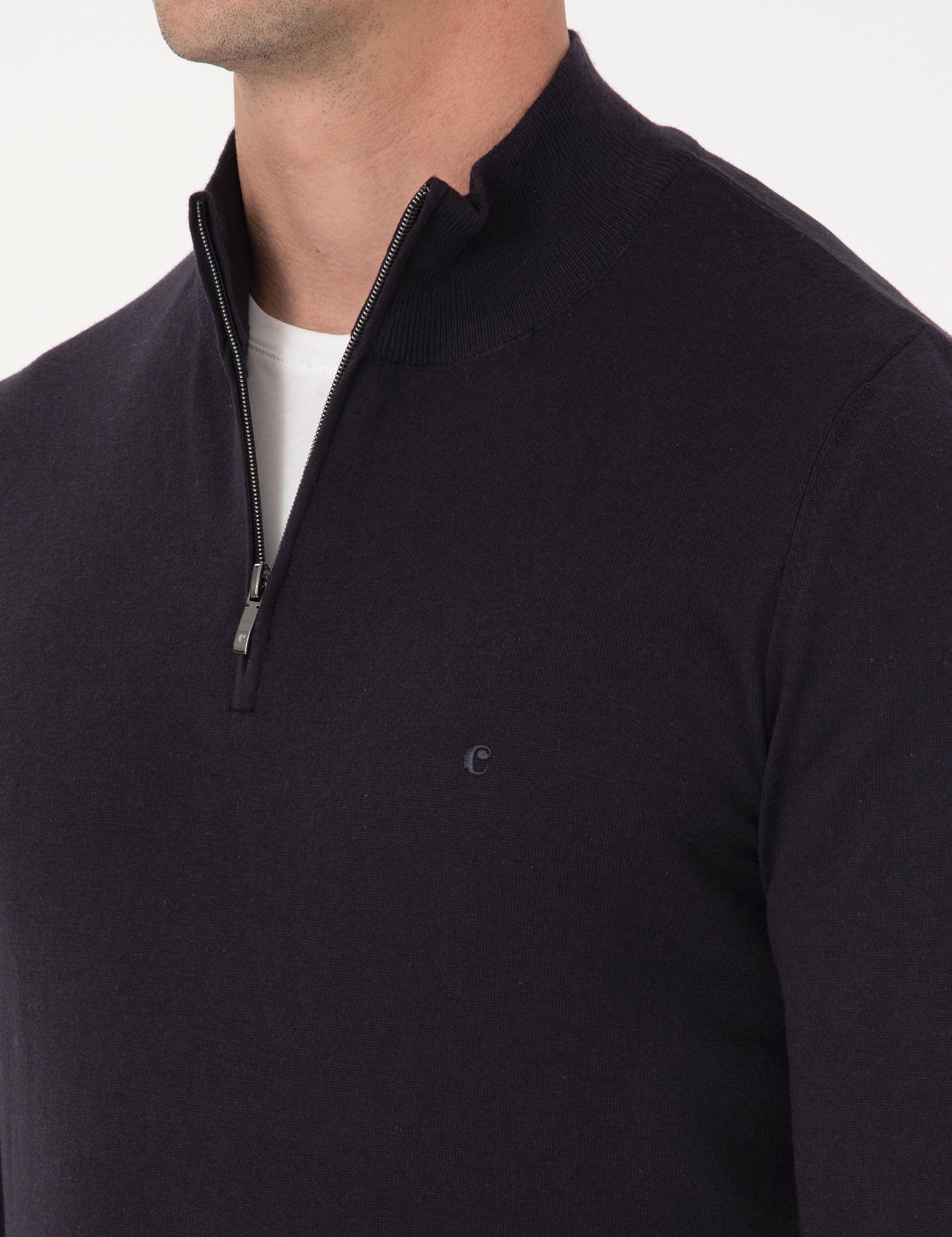 Lacivert Slim Fit Pamuk Karışımlı Yarım Fermuarlı Dik Yaka Triko Kazak - 50318981009