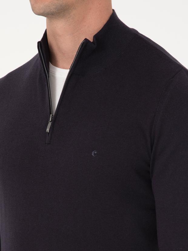 Lacivert Slim Fit Pamuk Karışımlı Yarım Fermuarlı Dik Yaka Triko Kazak