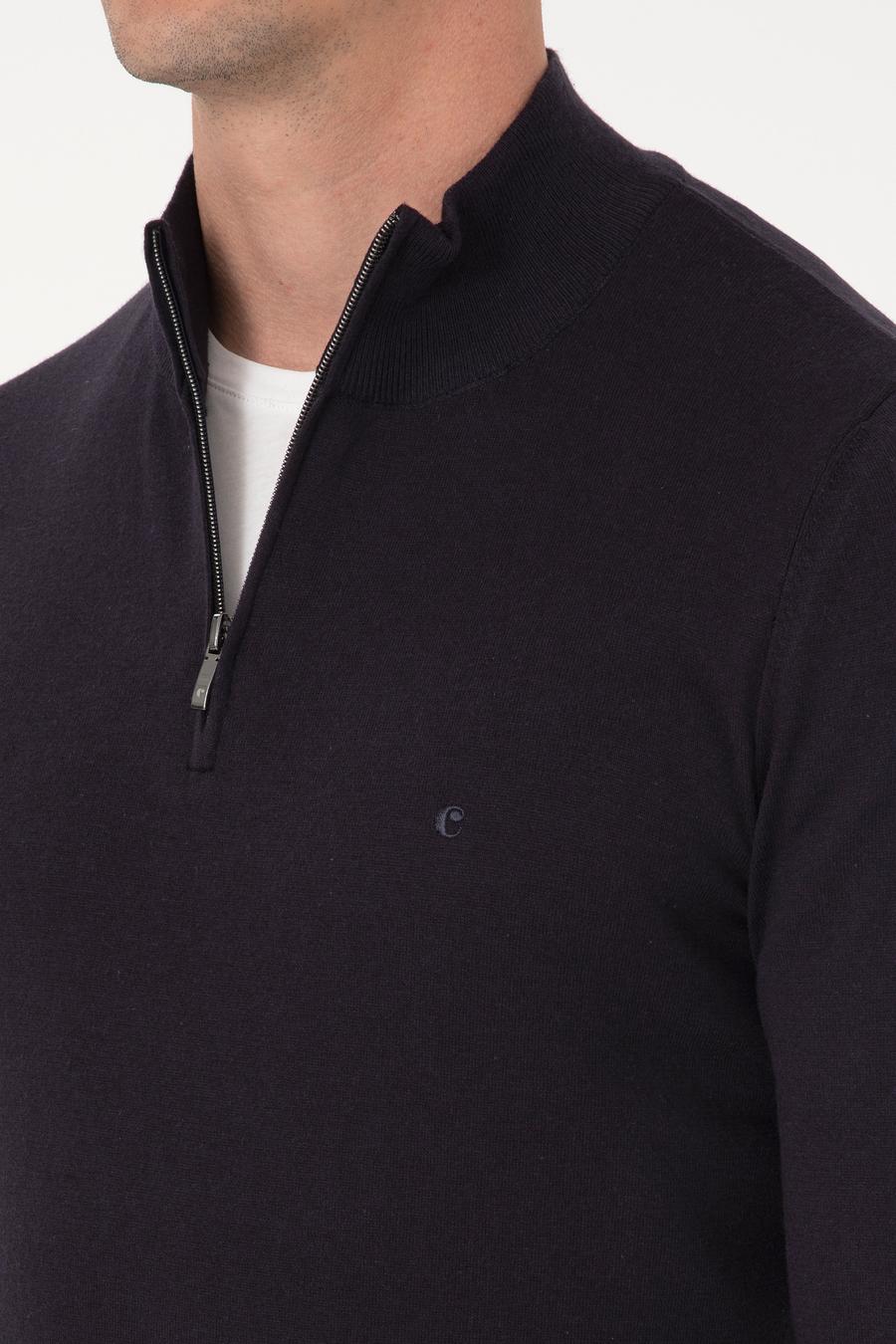 Lacivert Slim Fit Pamuk Karışımlı Yarım Fermuarlı Dik Yaka Triko Kazak - 50318981009