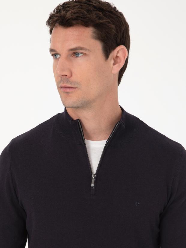 Lacivert Slim Fit Pamuk Karışımlı Yarım Fermuarlı Dik Yaka Triko Kazak