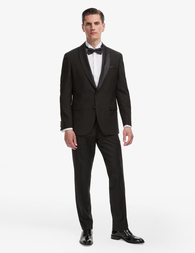 Siyah Slim Fit Yün Karışımlı Şal Yaka Smokin Damatlık