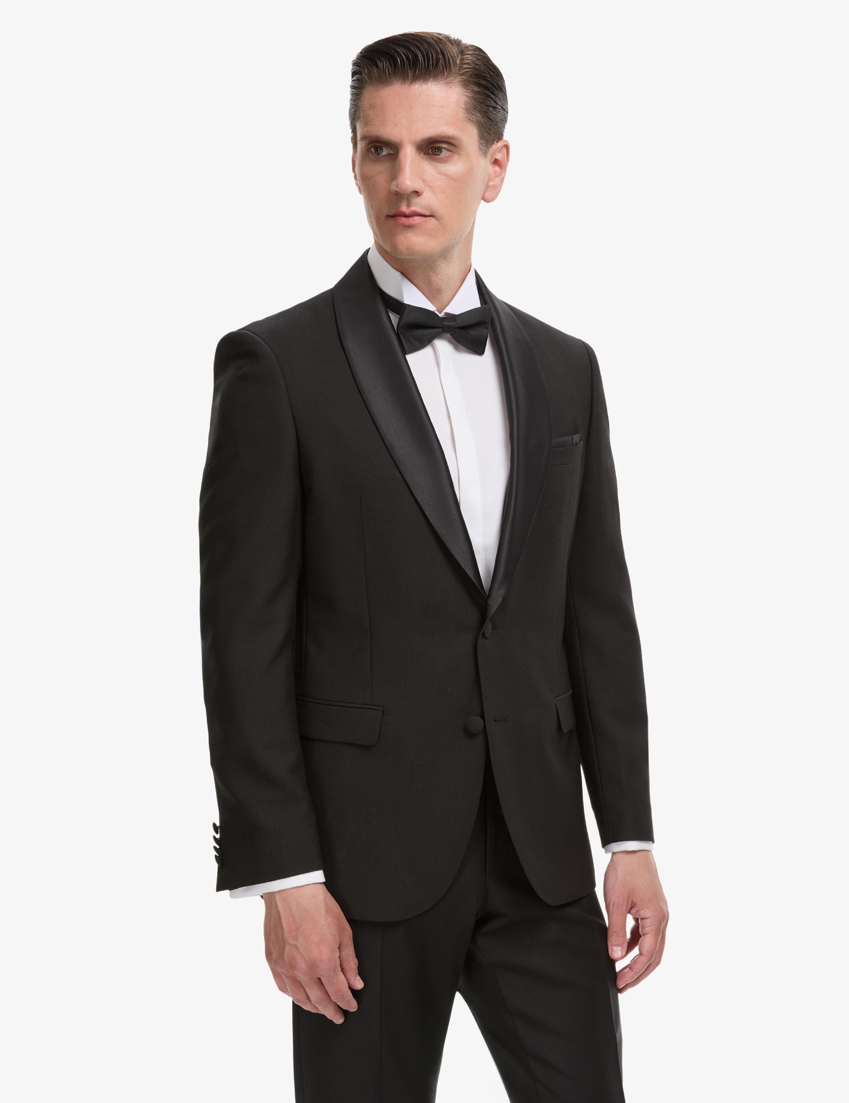 Siyah Slim Fit Yün Karışımlı Şal Yaka Smokin Damatlık - 50324526005