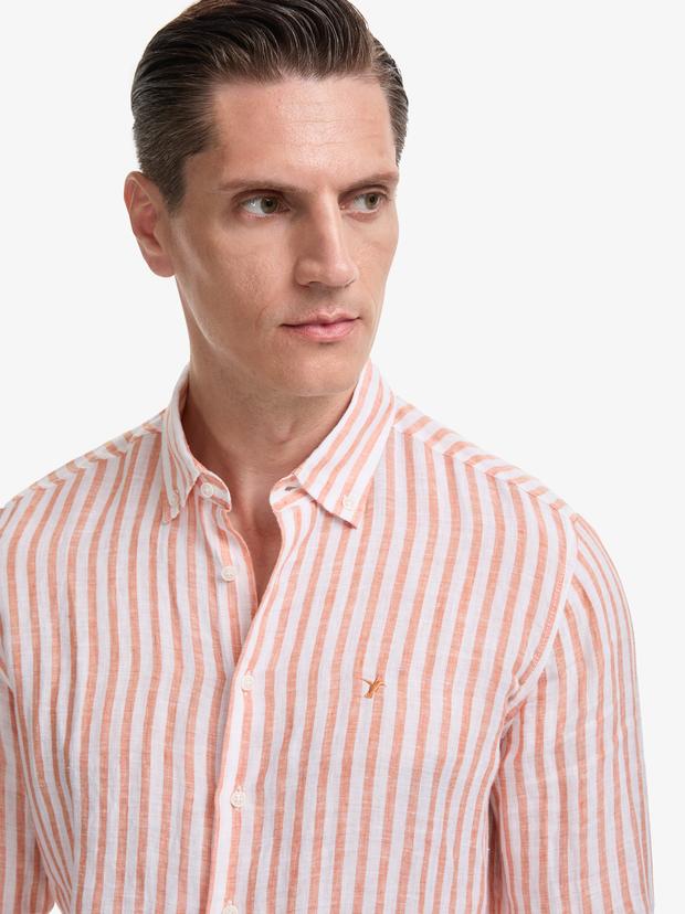 Turuncu Slim Fit %100 Keten Yakası Düğmeli Çizgili Gömlek