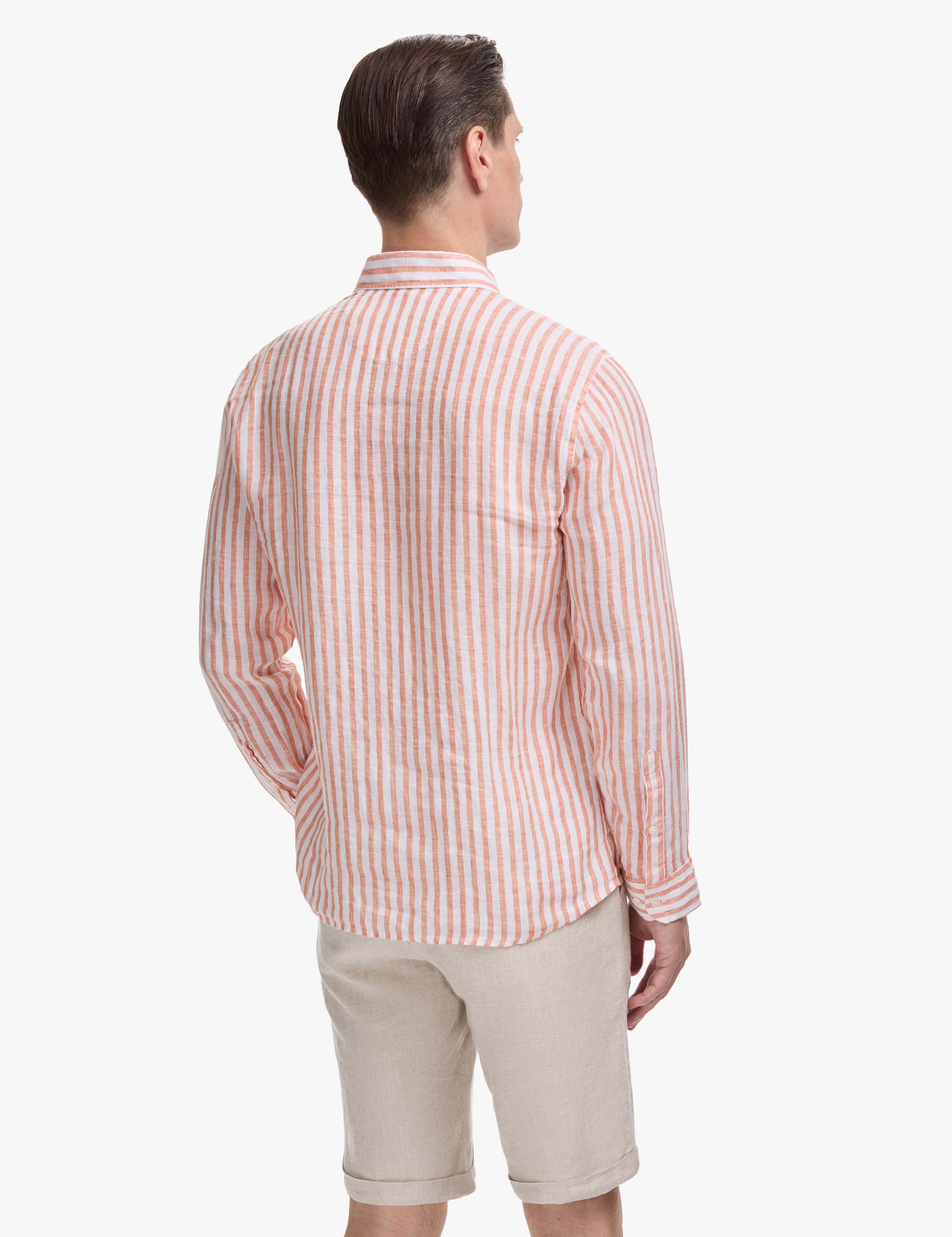 Turuncu Slim Fit %100 Keten Yakası Düğmeli Çizgili Gömlek - 50326114012