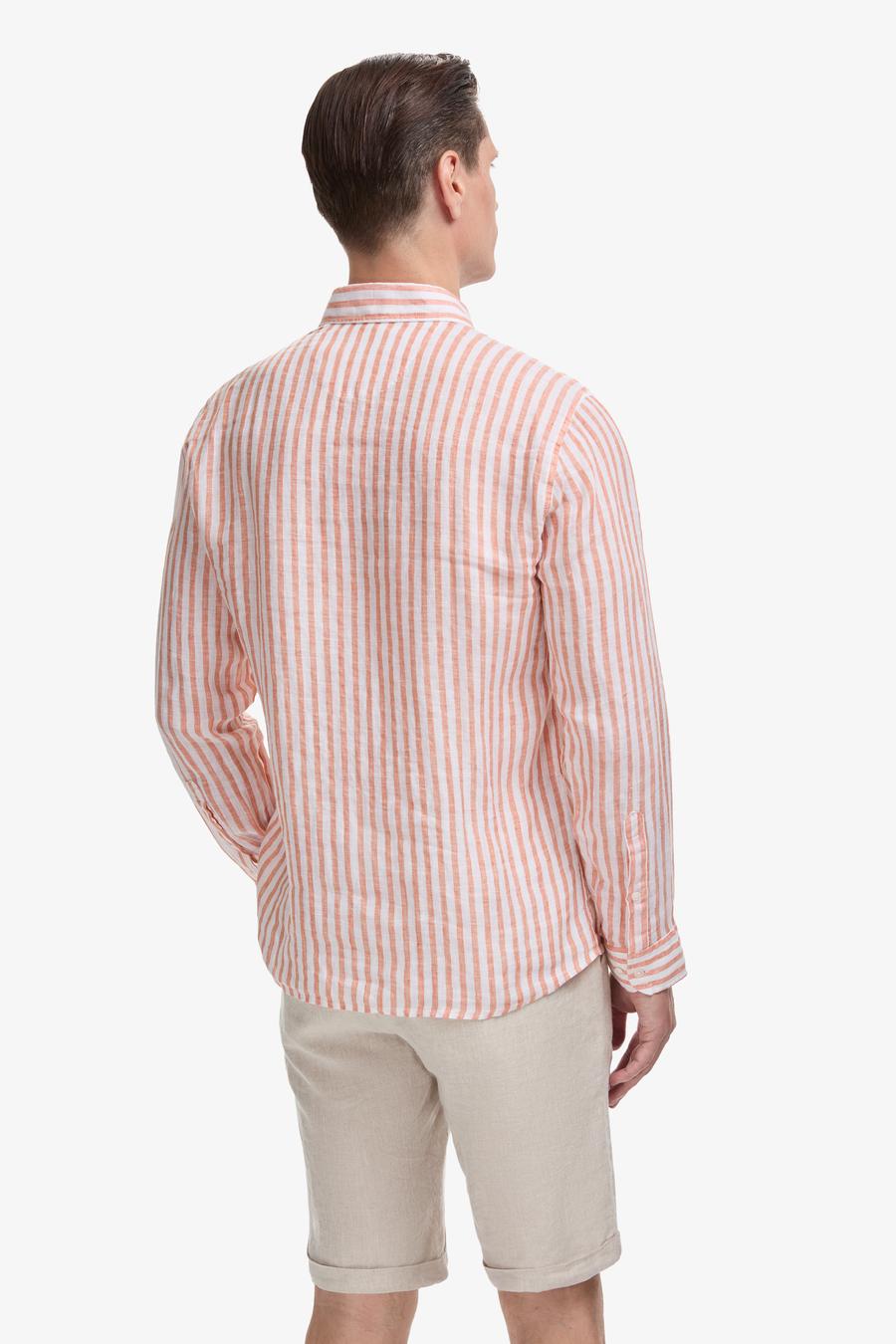 Turuncu Slim Fit %100 Keten Yakası Düğmeli Çizgili Gömlek - 50326114012