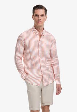 Turuncu Slim Fit %100 Keten Yakası Düğmeli Çizgili Gömlek