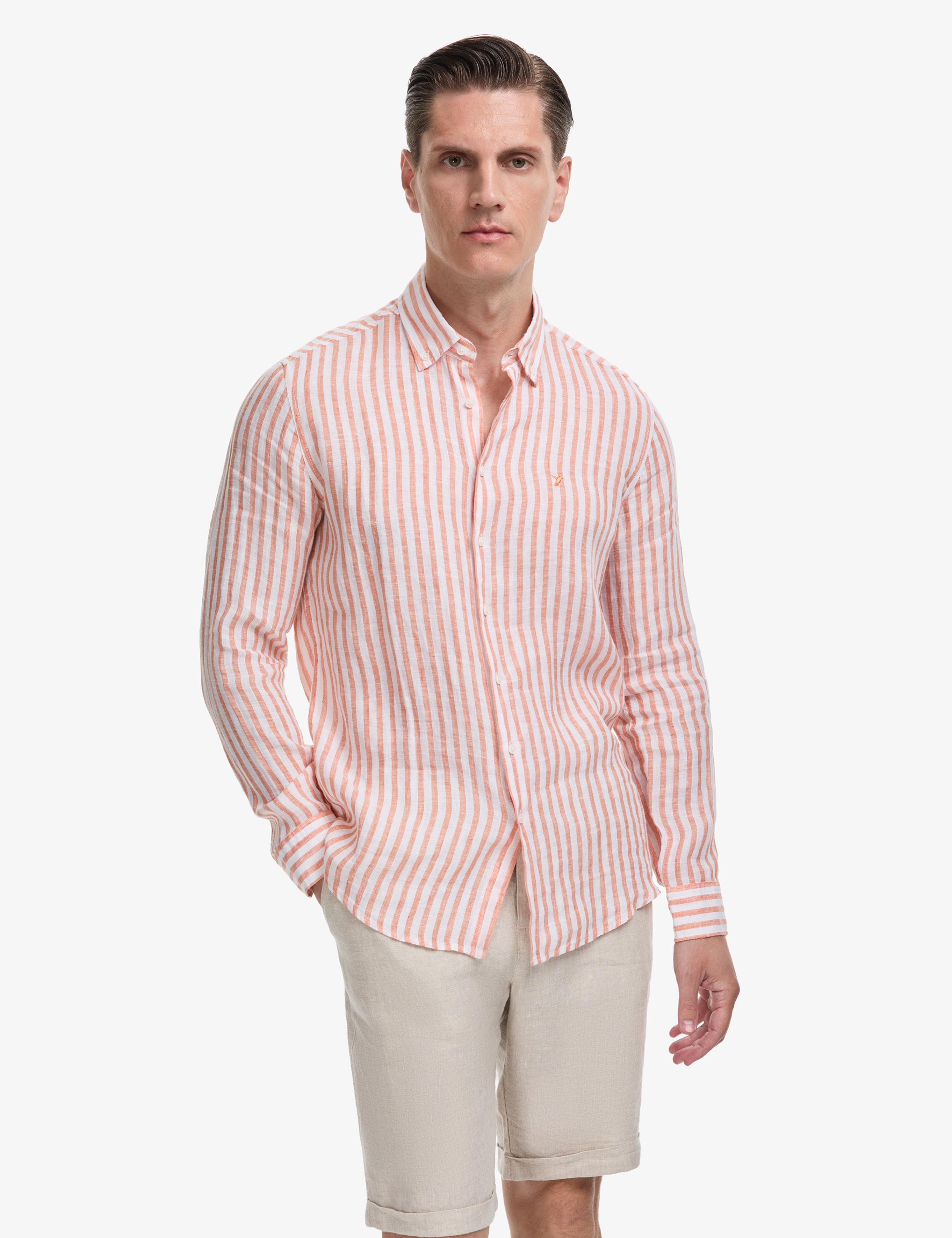 Turuncu Slim Fit %100 Keten Yakası Düğmeli Çizgili Gömlek - 50326114012