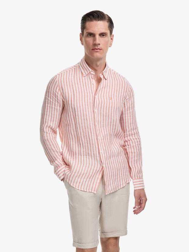 Turuncu Slim Fit %100 Keten Yakası Düğmeli Çizgili Gömlek