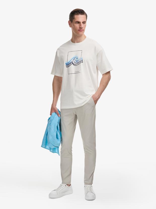 Bej Slim Fit Pamuk Karışımlı Beli Lastikli Kanvas Pantolon