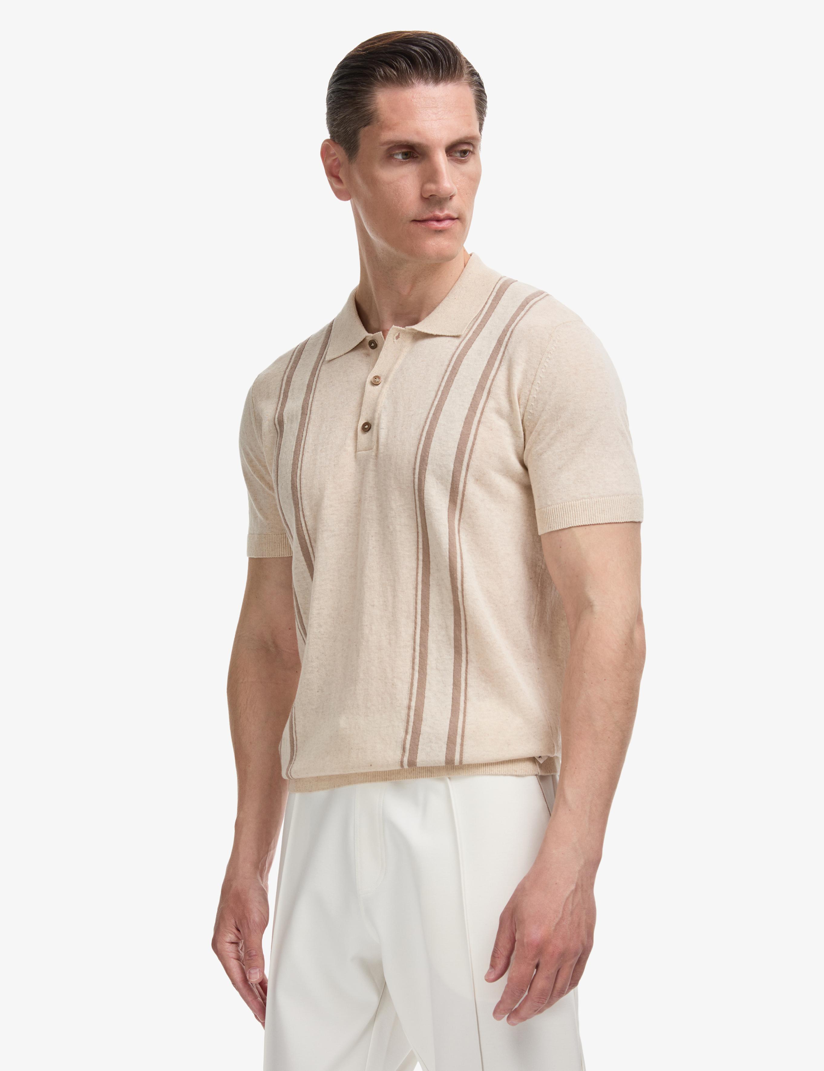 Ekru Slim Fit Keten Karışımlı Polo Yaka Triko T-shirt - 50323872009