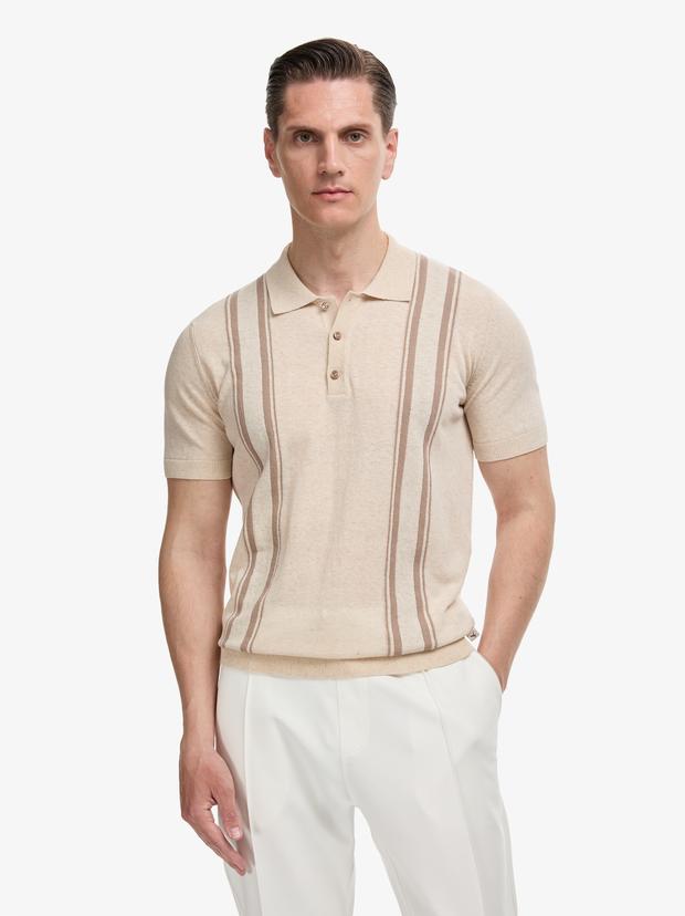 Ekru Slim Fit Keten Karışımlı Polo Yaka Triko T-shirt
