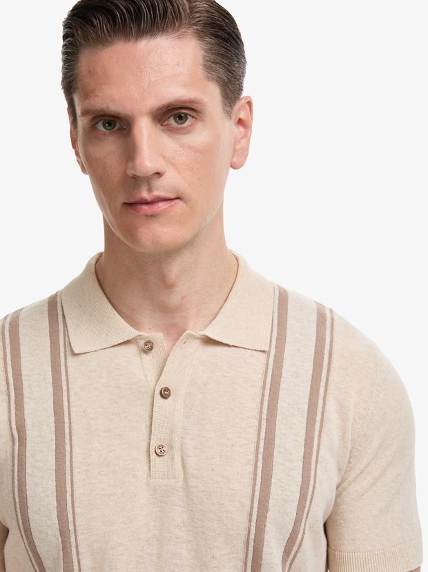 Ekru Slim Fit Keten Karışımlı Polo Yaka Triko T-shirt