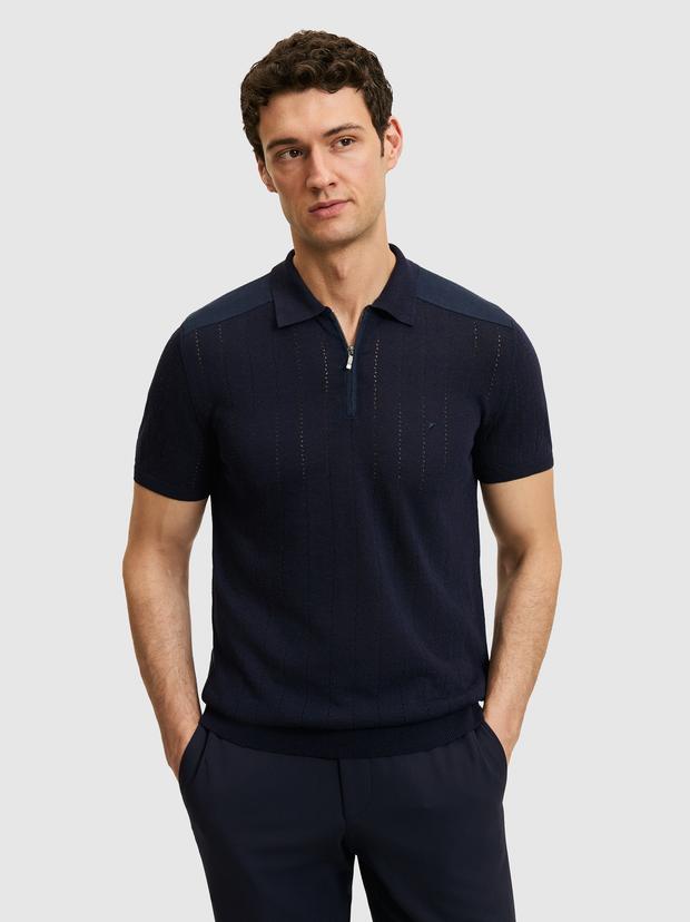 Lacivert Slim Fit Keten Karışımlı Polo Yaka Triko T-Shirt
